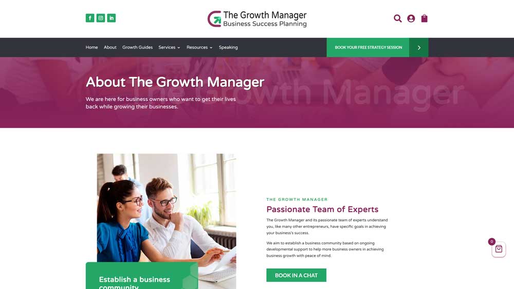 Screenshot of The Growth Manager's 'About' page with service details.