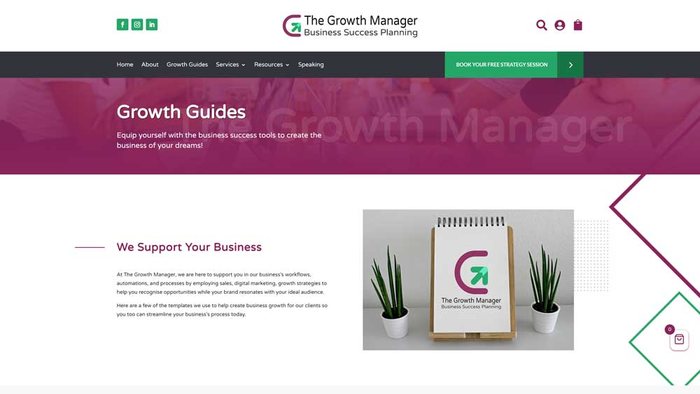 Webpage for The Growth Manager with Growth Guides, strategy session button & logo.