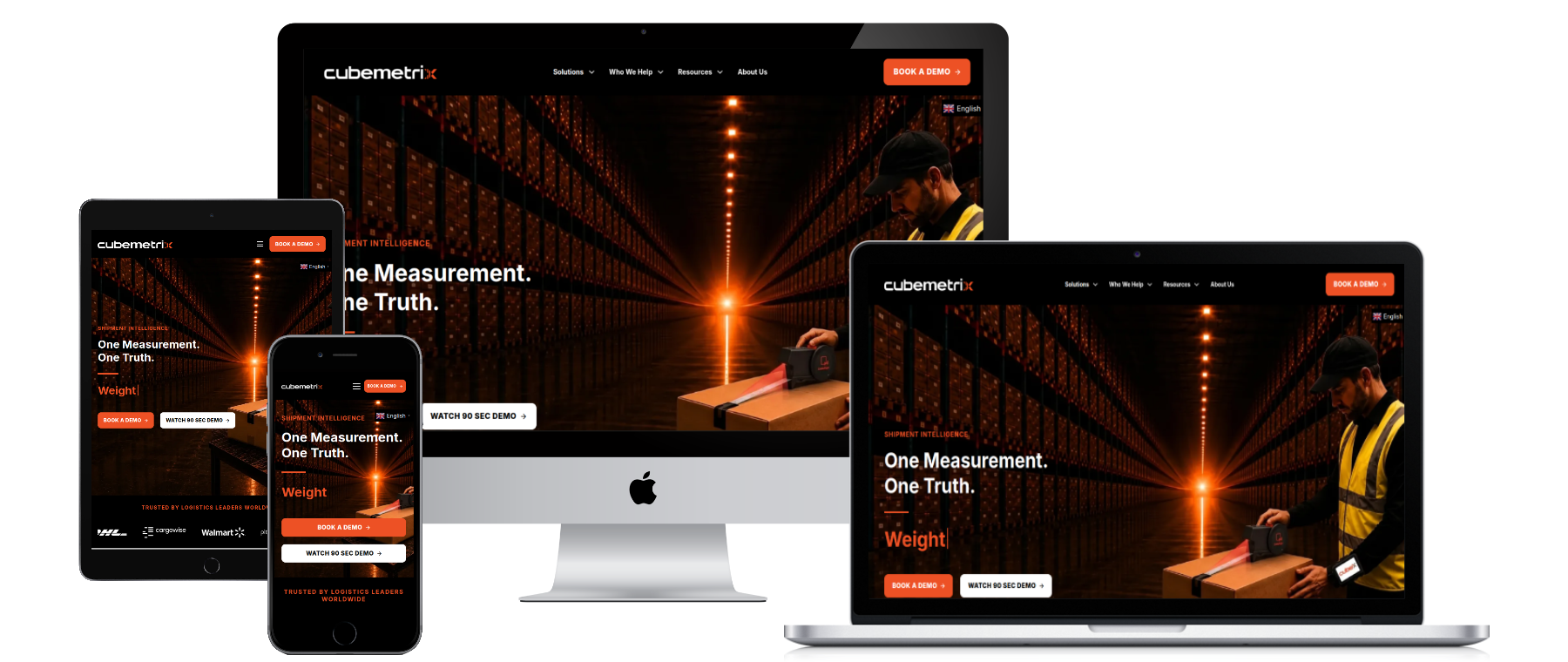 Desktop screenshot of the Cubemetrix website, showcasing its freight dimensioning technology, product solutions and professional B2B website design.