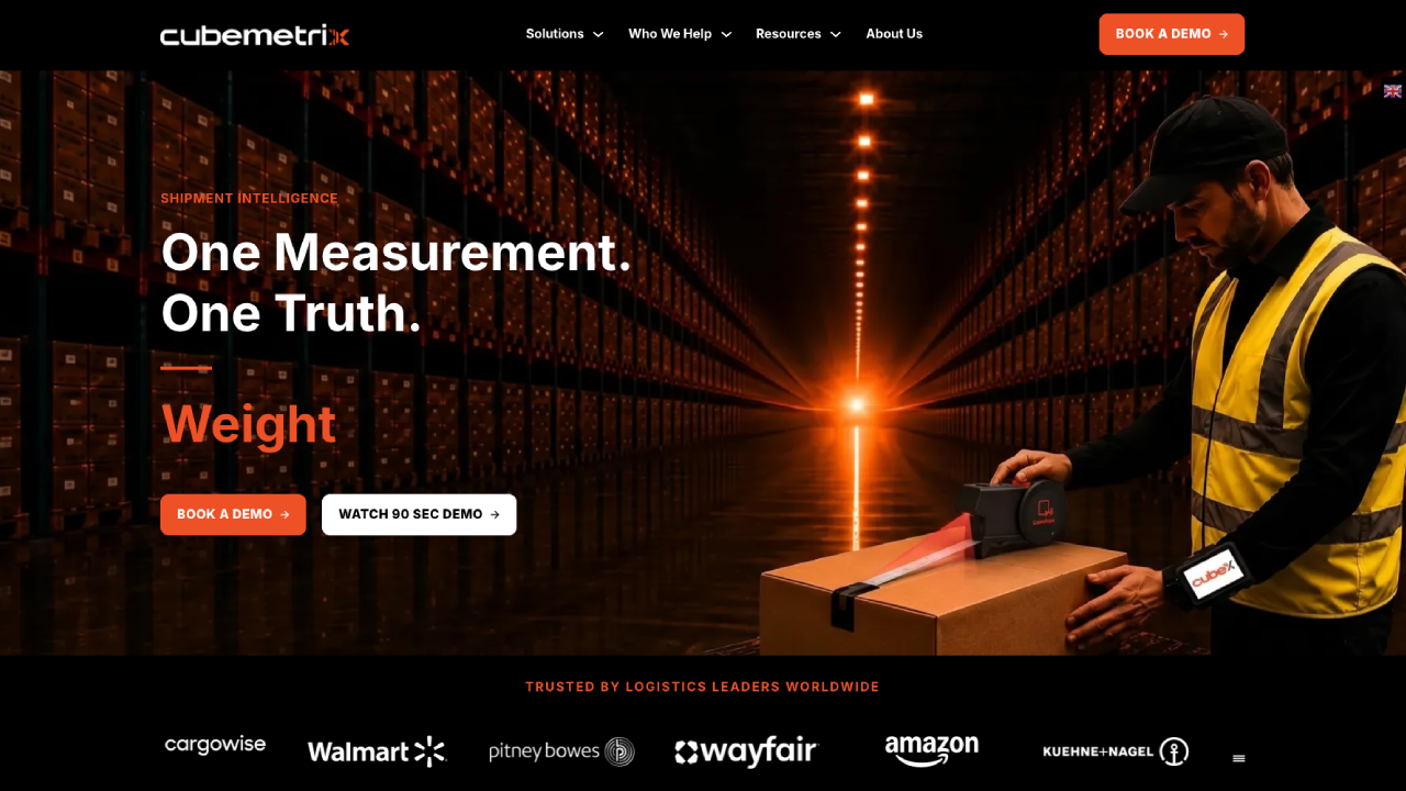 Desktop screenshot of the Cubemetrix website, showcasing its freight dimensioning technology, product solutions and professional B2B website design.