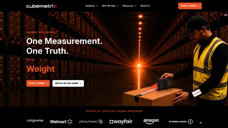 Desktop screenshot of the Cubemetrix website, showcasing its freight dimensioning technology, product solutions and professional B2B website design.
